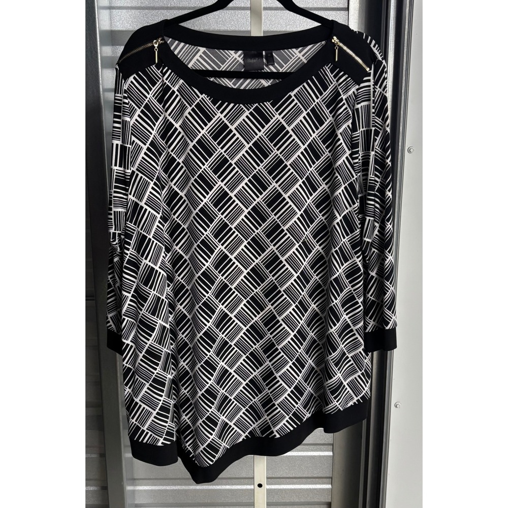 Rafaella Womens 2X Black White Geometric Zipper Shoulder Sharkbite Top Blouse